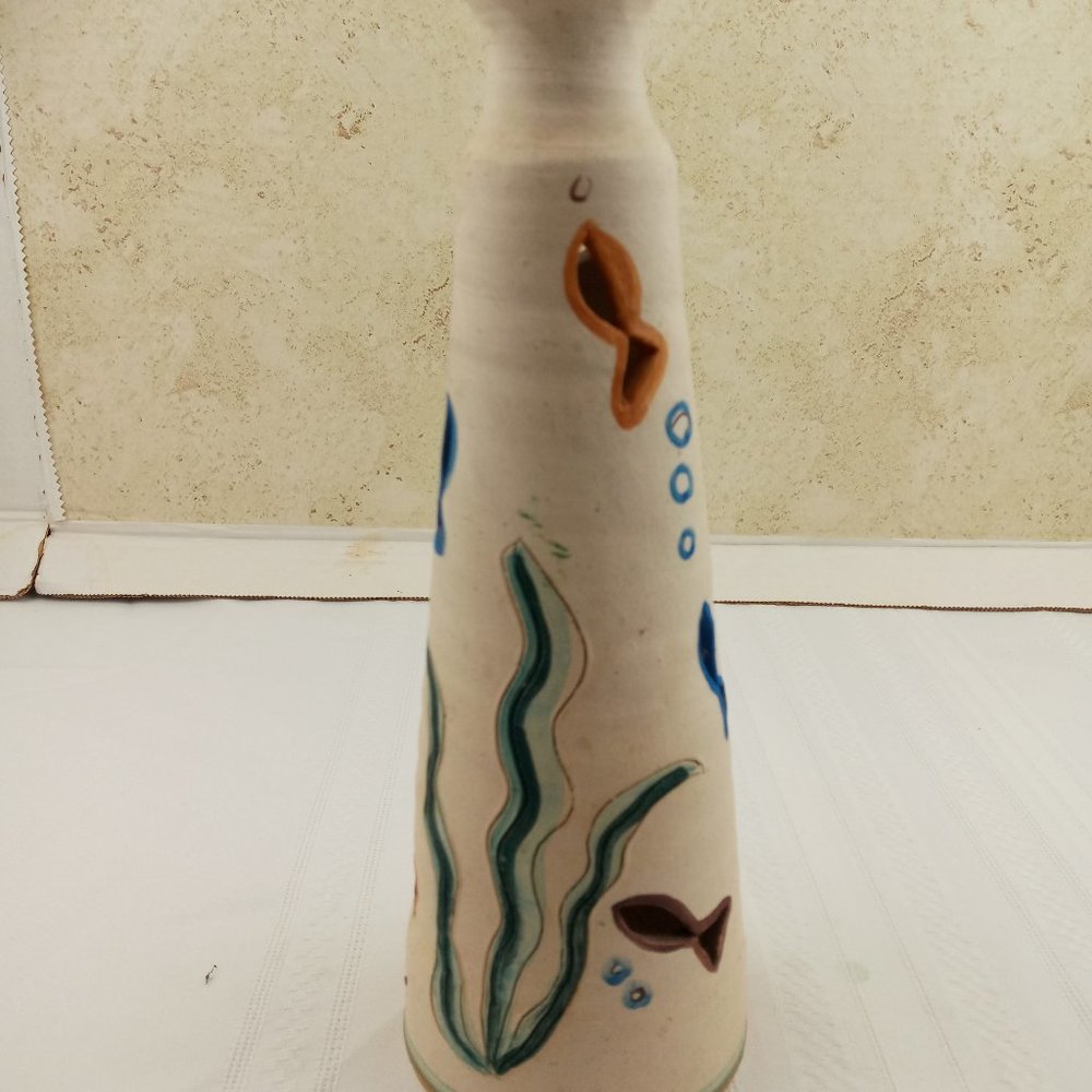 Venezuelan Art Studio Pottery Ceramic Incense Holder Underwater Scene Fish 9.5"
